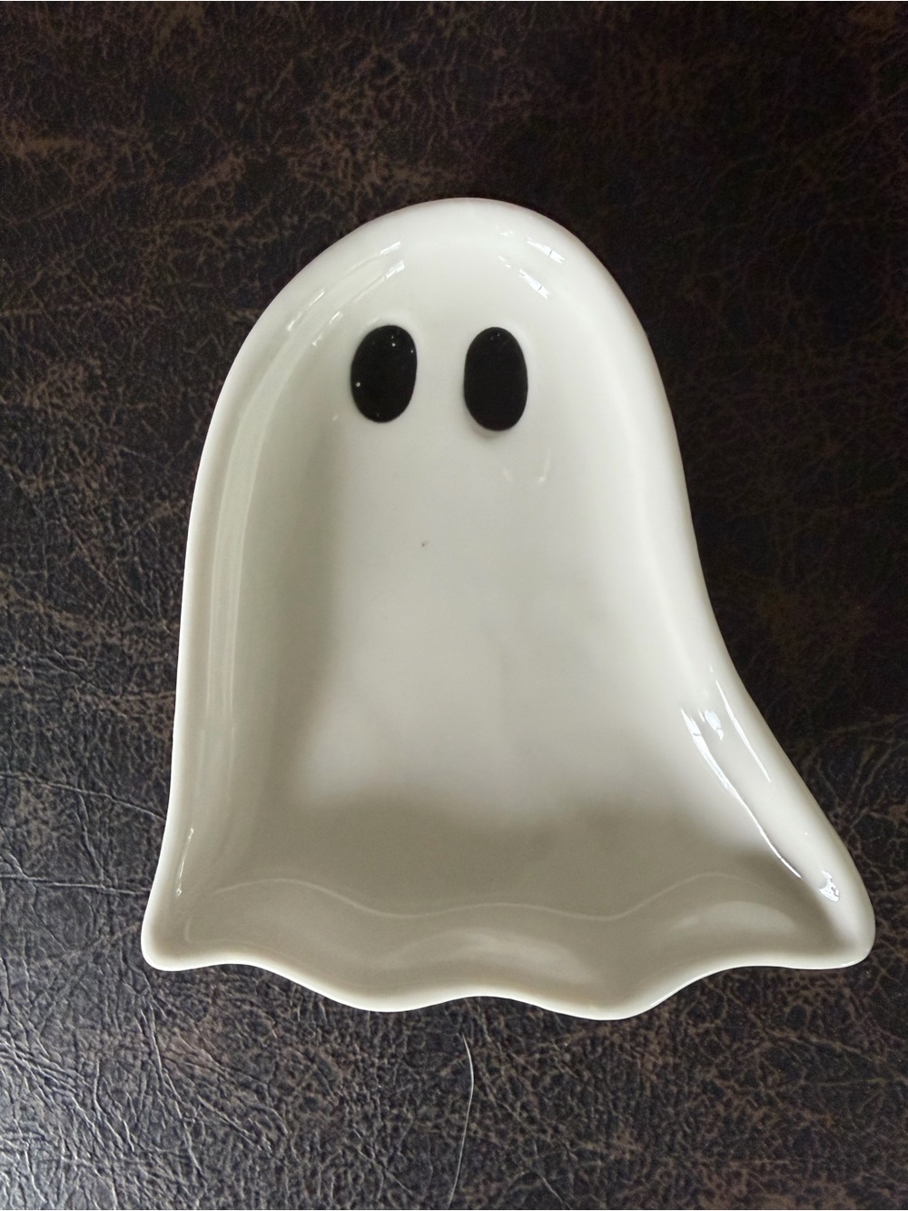 White Ceramic Ghost Trinket Dish with Black Eyes